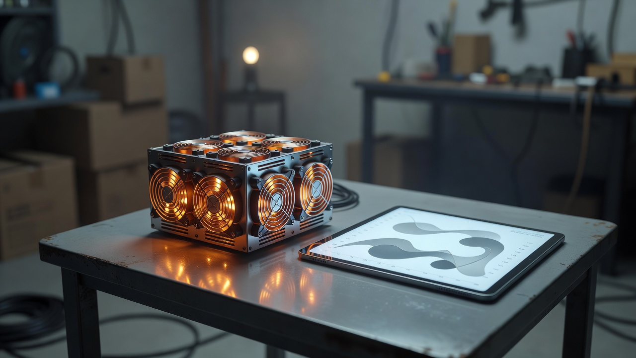 Модель ASIC-майнера с калькулятором окупаемости на фоне графика тарифов